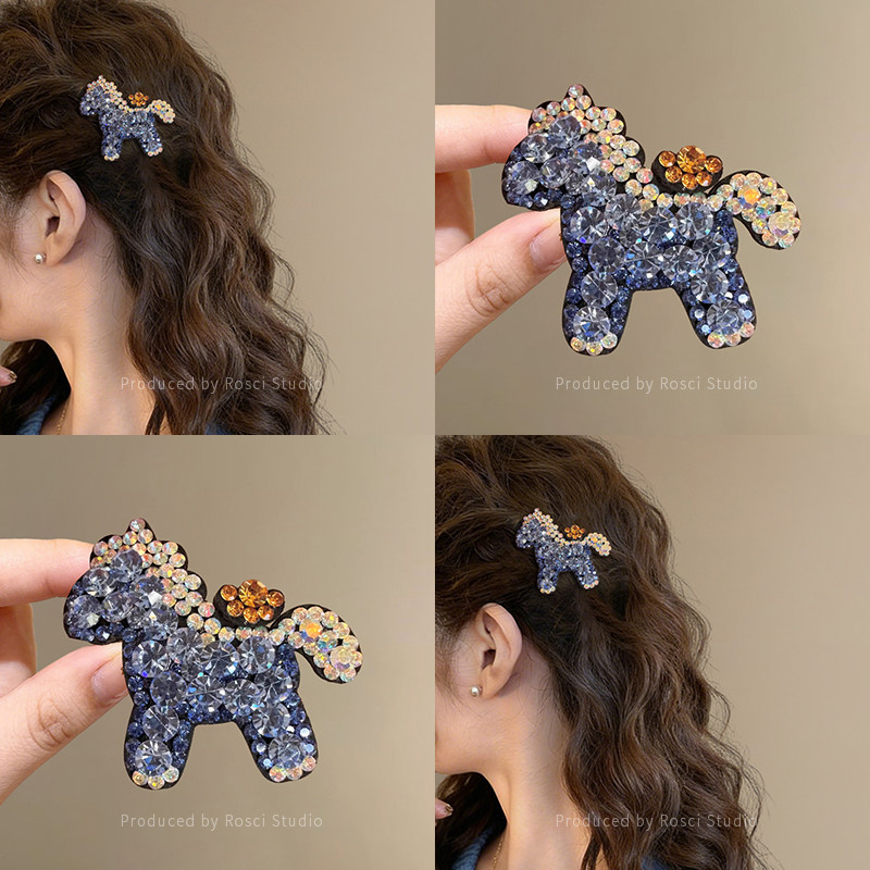 蓝色满钻小马发夹女2026新款高端刘海前额侧边夹韩版轻奢气质发饰