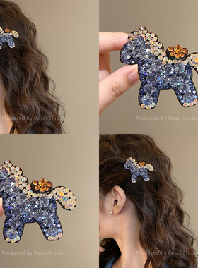 蓝色满钻小马发夹女2026新款高端刘海前额侧边夹韩版轻奢气质发饰