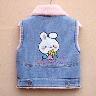 女童加绒牛仔马甲秋冬2025年新款洋气宝宝厚兔毛棉外套中小童冬装