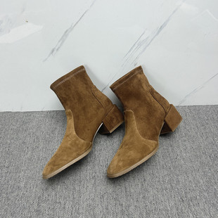 2025秋冬新款法式方头鹿皮弹力短靴女鞋羊反绒粗跟瘦瘦靴袜靴黑色