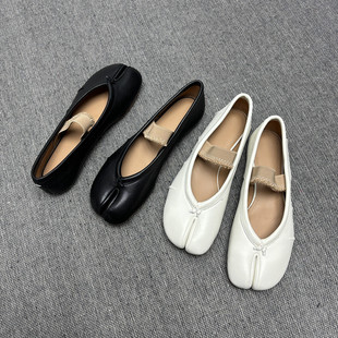 2025新款顶版绑带真皮tabi猪蹄分趾鞋女褶皱芭蕾舞鞋浅口平底单鞋