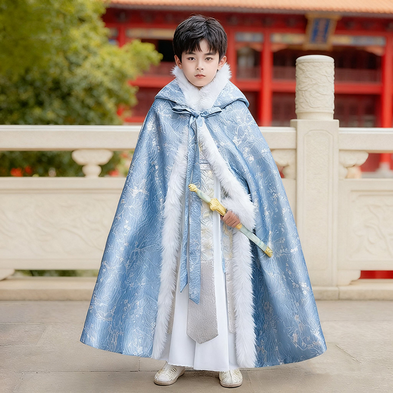 2025新款男童汉服加绒加厚披风斗篷带帽冬季儿童中国风外套秋冬款