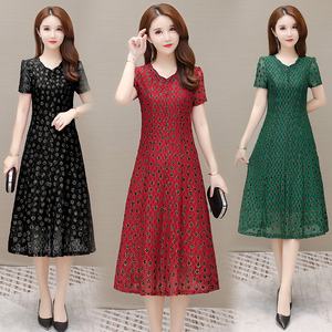 RM5967#夏季新款大码连衣裙妈妈装收腰显瘦蕾丝裙过膝口袋