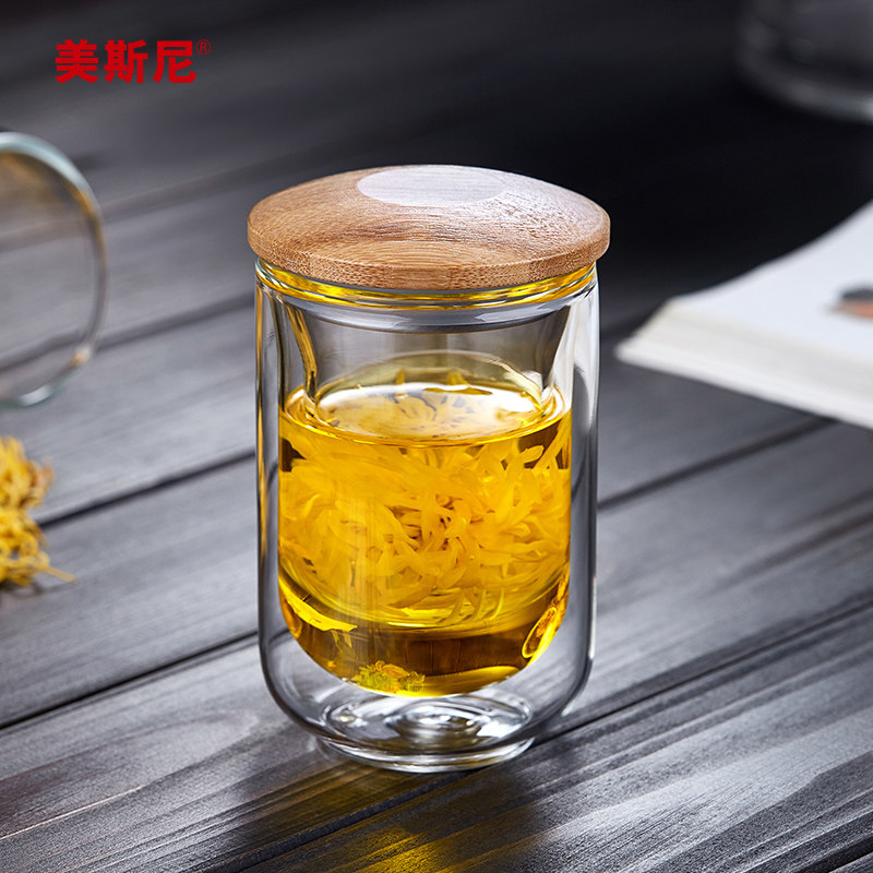 美斯尼玻璃茶杯双层隔热带过滤花茶杯带盖耐高温玻璃杯分离泡茶杯