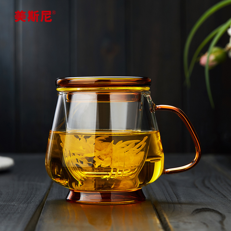 美斯尼玻璃杯家用茶水分离泡茶杯带把盖耐热水杯男办公室花茶杯子