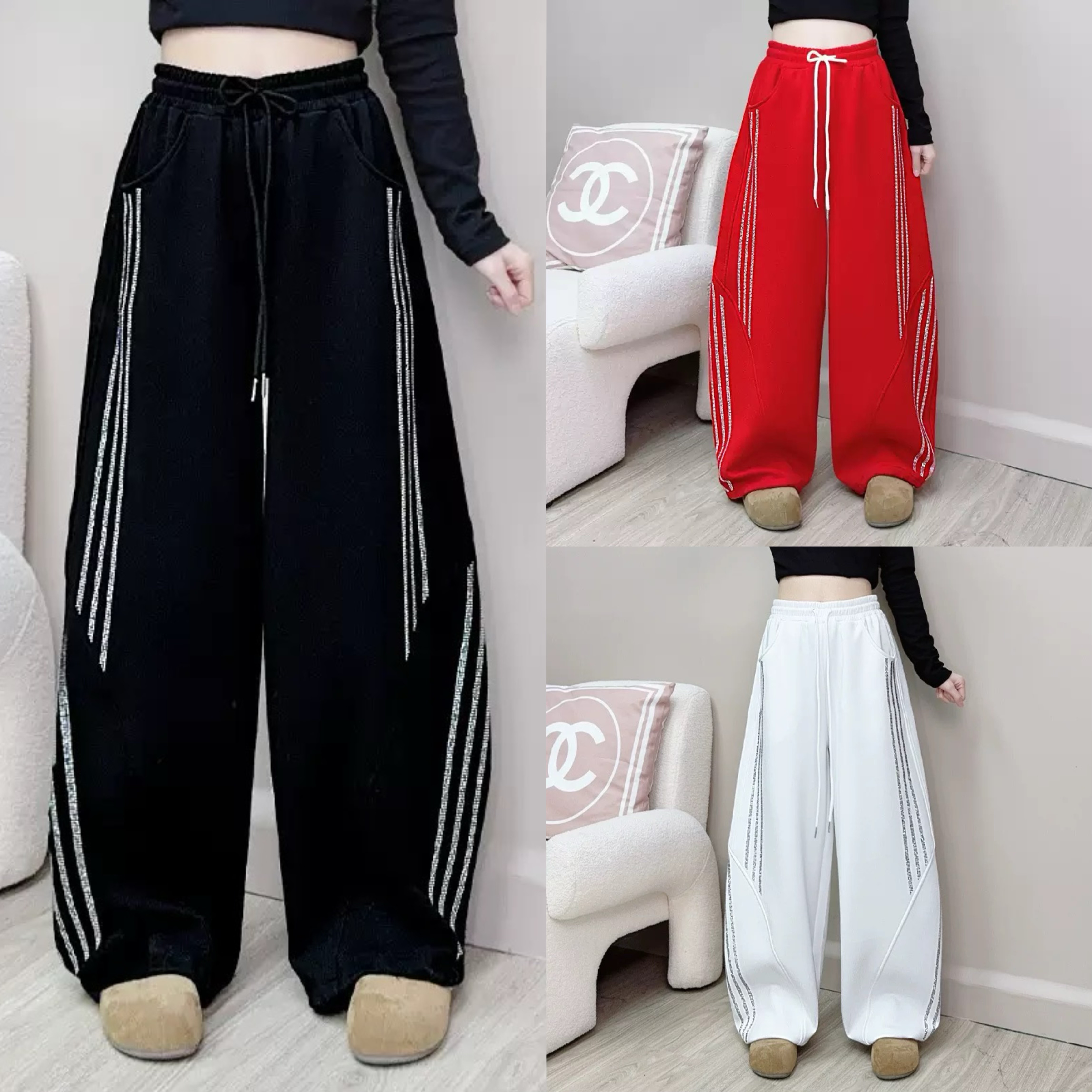 春夏新款薄款广场舞阔腿裤条纹烫钻弯刀运动休闲裤时尚百搭舞蹈裤