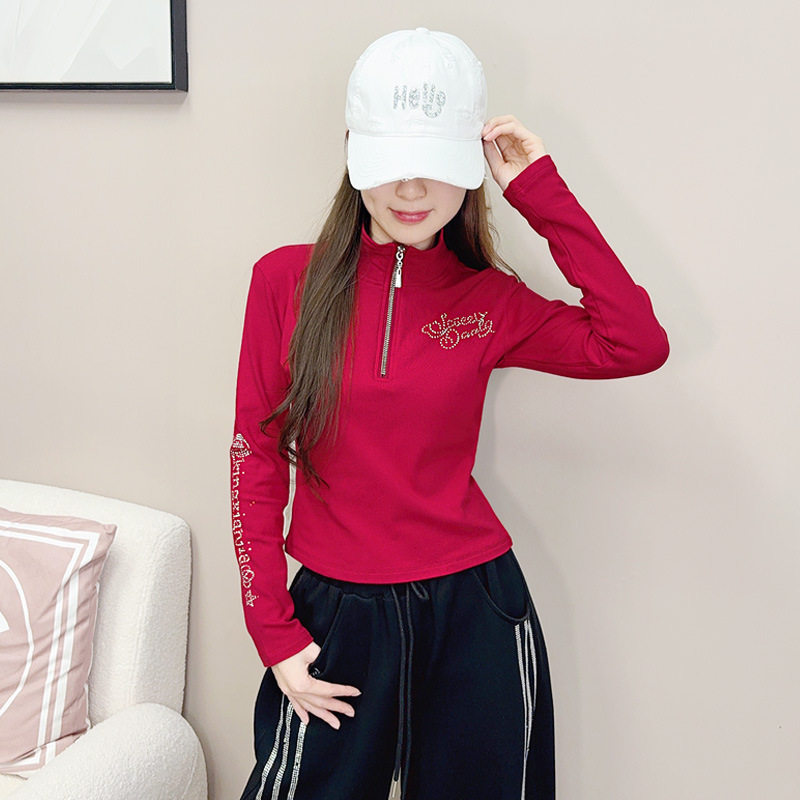 秋冬磨毛拉绒拉链广场舞上衣新款烫钻高弹力长袖T恤韩版健身衣服