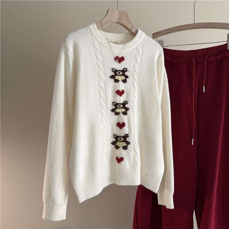 韩国订单羊毛圆领小胸爱心提花圣诞氛围打底针织衫女显瘦短款上衣