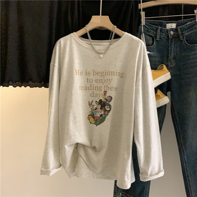 2025新款韩国宽松米奇印花长袖T恤衫女装 chic早秋上衣磨毛打底衫