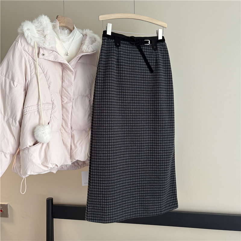 韩国订单复古格子毛呢半身裙女秋冬中长款高腰显瘦遮胯包臀开叉裙