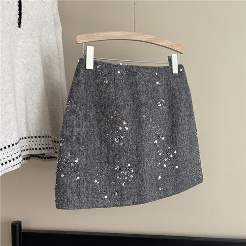 韩国订单重工钉珠亮片呢料小香风半身裙女冬显瘦高腰气质A字短裙