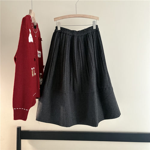 韩国订单冬加厚高级灰高腰毛呢半身裙女中长A字显瘦大摆百褶伞裙