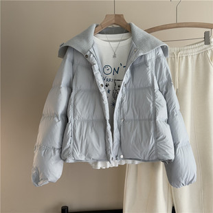 韩国订单宽松慵懒风针织翻领两穿吸扣短款羽绒服女保暖面包服外套