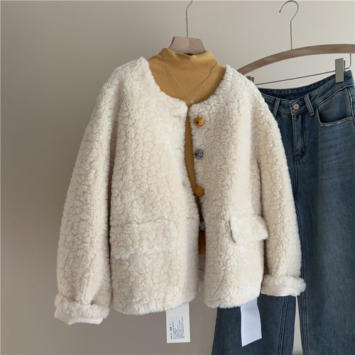韩国订单秋冬新款别致南瓜扣圆领宽松短款羊羔毛一体外套女上衣潮
