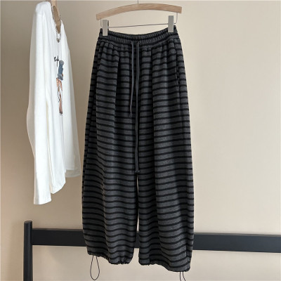 韩国订单秋冬加绒加厚条纹阔腿裤女宽松两穿可束脚保暖休闲卫裤潮