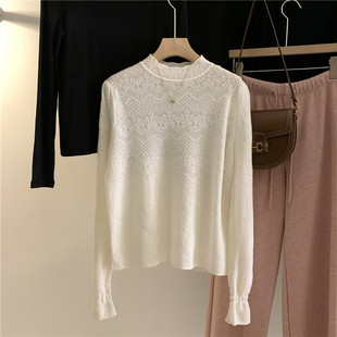 韩国订单加厚羊毛半高领复古提花蕾丝打底衫女2024秋冬宽松上衣潮