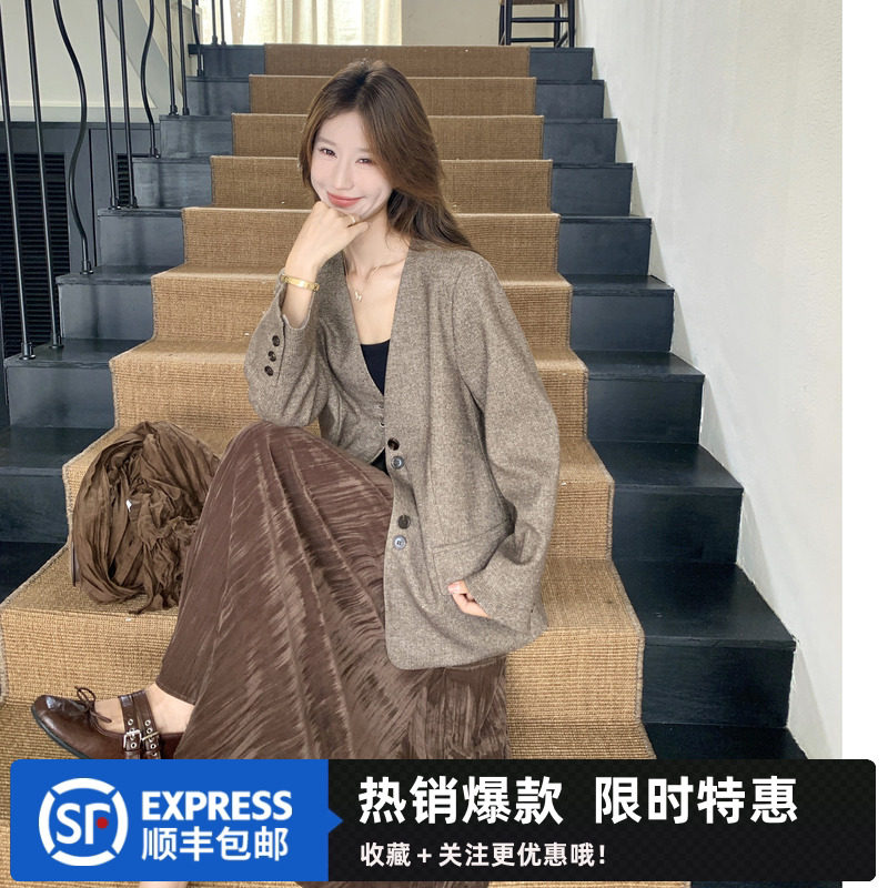 老钱风无领毛呢西装套装复古咖色廓形外套垂感压褶大摆长裙两件套