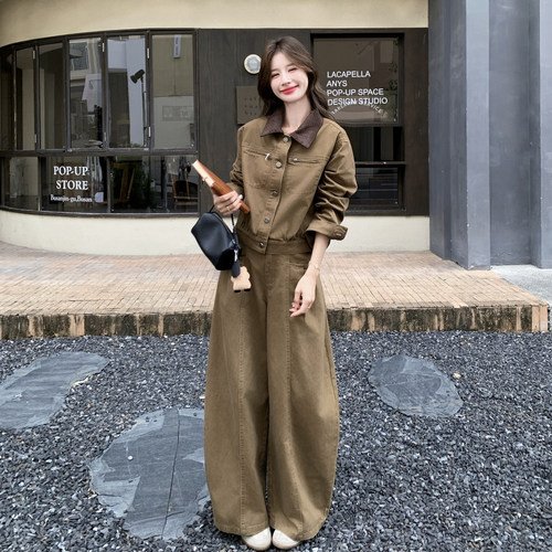 复古咖色工装套装女撞色翻领短外套高腰阔腿裤洋气休闲两件套