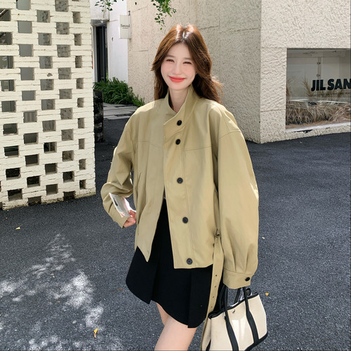 浅卡其绿短款皮衣秋松弛感宽松蝙蝠袖立领腰带小个子pu皮夹克外套