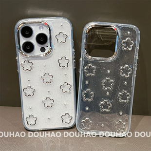 适用于苹果16Promax手机壳ins风滴胶小花透明iPhone15 12轻奢日韩全包防摔保护套