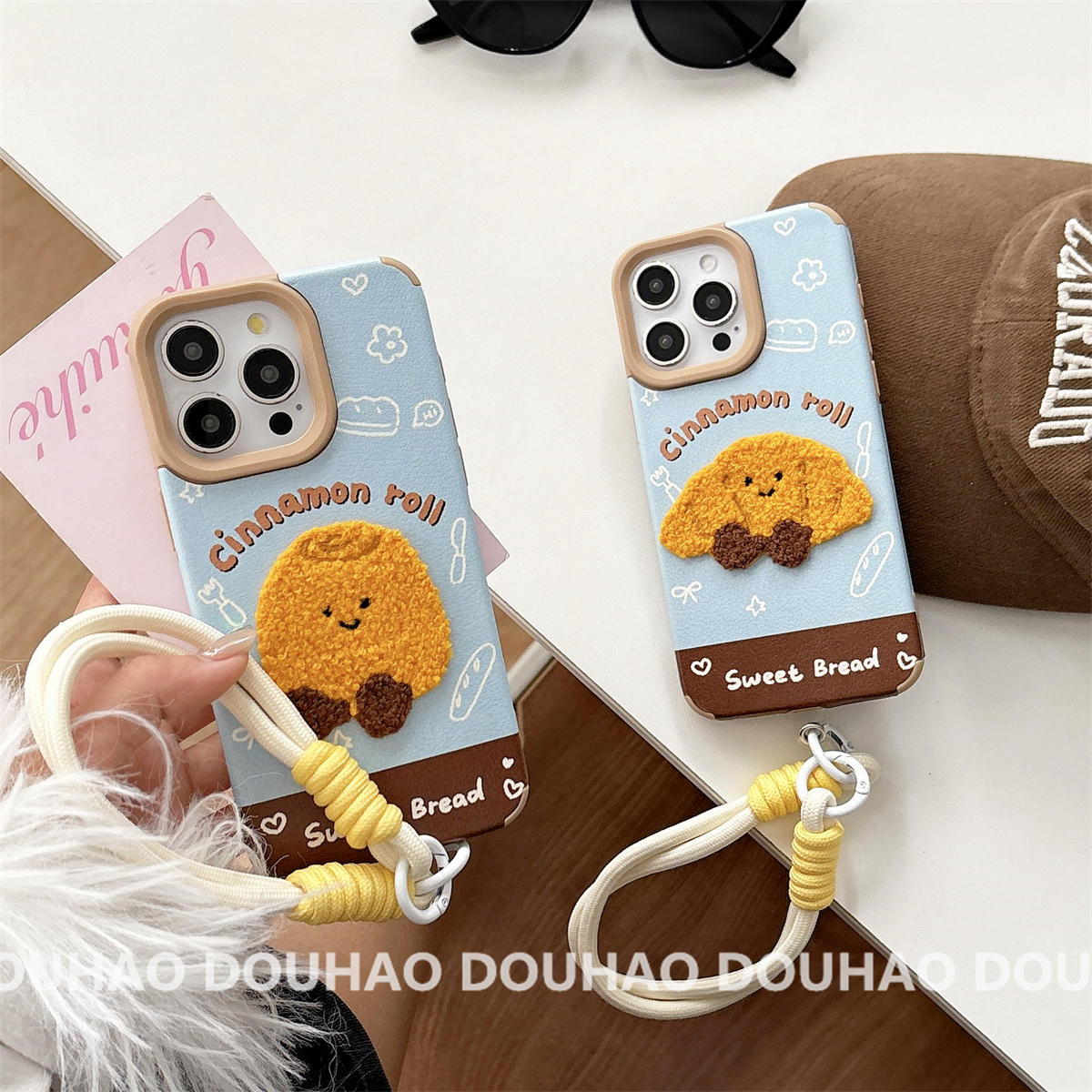 适用于苹果16Promax手机壳ins风皮纹毛巾绣牛角包iPhone15/14/13/12手绳全包防摔保护套