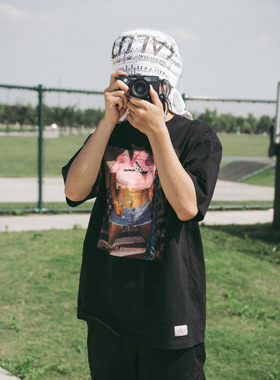 黑色全棉短袖T恤重磅宽松人物照片数码印花透气街头滑板时尚DT045