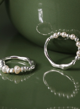 s925纯银碎银子圆珠珍珠戒指女简约名媛风闭口个性食指指环