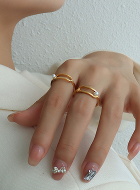 韩系小众设计钛钢镀金不掉色个性几何回形戒指百搭仿珍珠个性指环