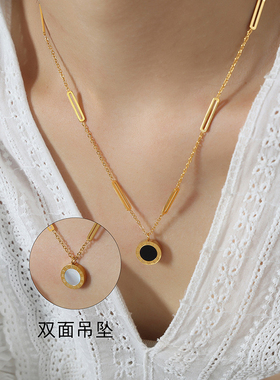 跨境新款高级感轻奢小众设计个性简约钛钢镀金黑白母贝项链饰品女