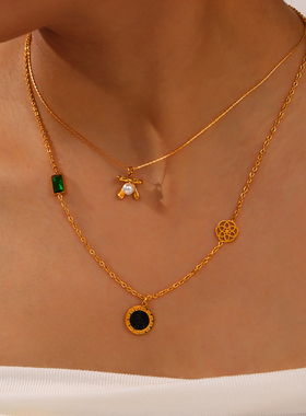 时尚通勤简约新款圆牌个性镶钻吊坠饰品几何个性钛钢镀金项链