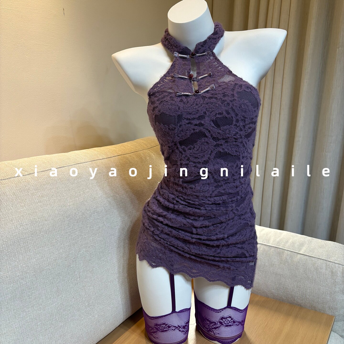 新中式辣妹旗袍性感风蕾丝挂脖约会睡衣女制服装纯欲约会战袍qqny