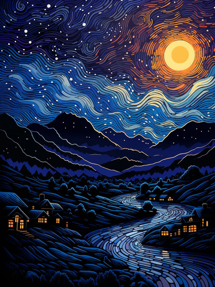 蓝色星空数字油画手绘装饰画画diy填色油彩画手工填充丙烯风景油