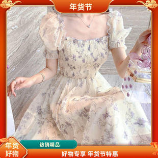 夏茶歇法式水墨画收腰显瘦气质淑女白色雪纺连衣裙女装商场同款