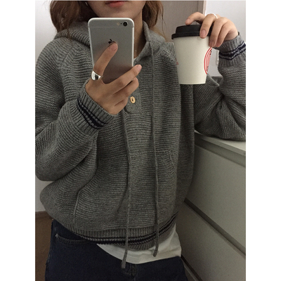 HGE睡格好觉 学院风灰色半开领软糯连帽套头针织衫 袖口撞色毛衣