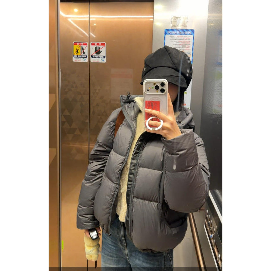 HGE睡格好觉 高级感石墨碳素灰色连帽鹅绒服冬季保暖羽绒服女外套