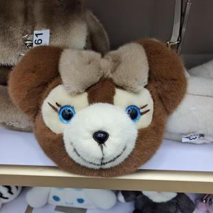 进口水貂真毛包包卡通公仔包可爱玩偶包达非熊头包单肩斜挎包毛绒