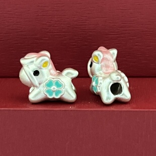 纯银999银珠配件甜蜜爱心马珐琅彩胶足银999隔珠散珠做旧DIY银饰