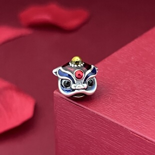 999足银小配件吉祥醒狮转运珠珐琅彩胶纯银小配件DIY编绳手链复古