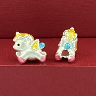 纯银999银珠配件甜蜜爱心马珐琅彩胶足银999隔珠散珠做旧DIY银饰