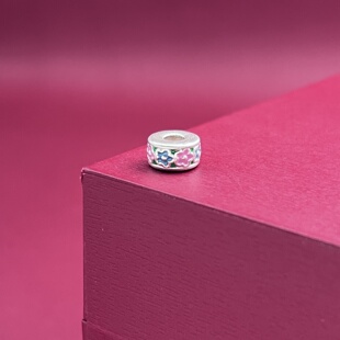 足银999配件纯银桃花珐琅彩胶烤蓝复古3D编绳散珠文玩隔珠DIY手链