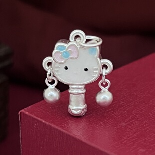 纯银3D挂坠凯蒂猫拨浪鼓珐琅彩胶挂坠足银3D硬银古法做旧DIY编绳