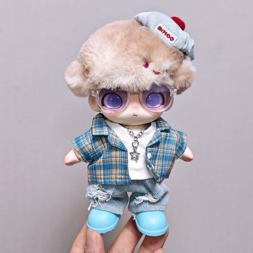 RMAX娃衣dimoo吊卡心动特调夏日蓝格衬衫6件套17cm搪胶盲盒衣服