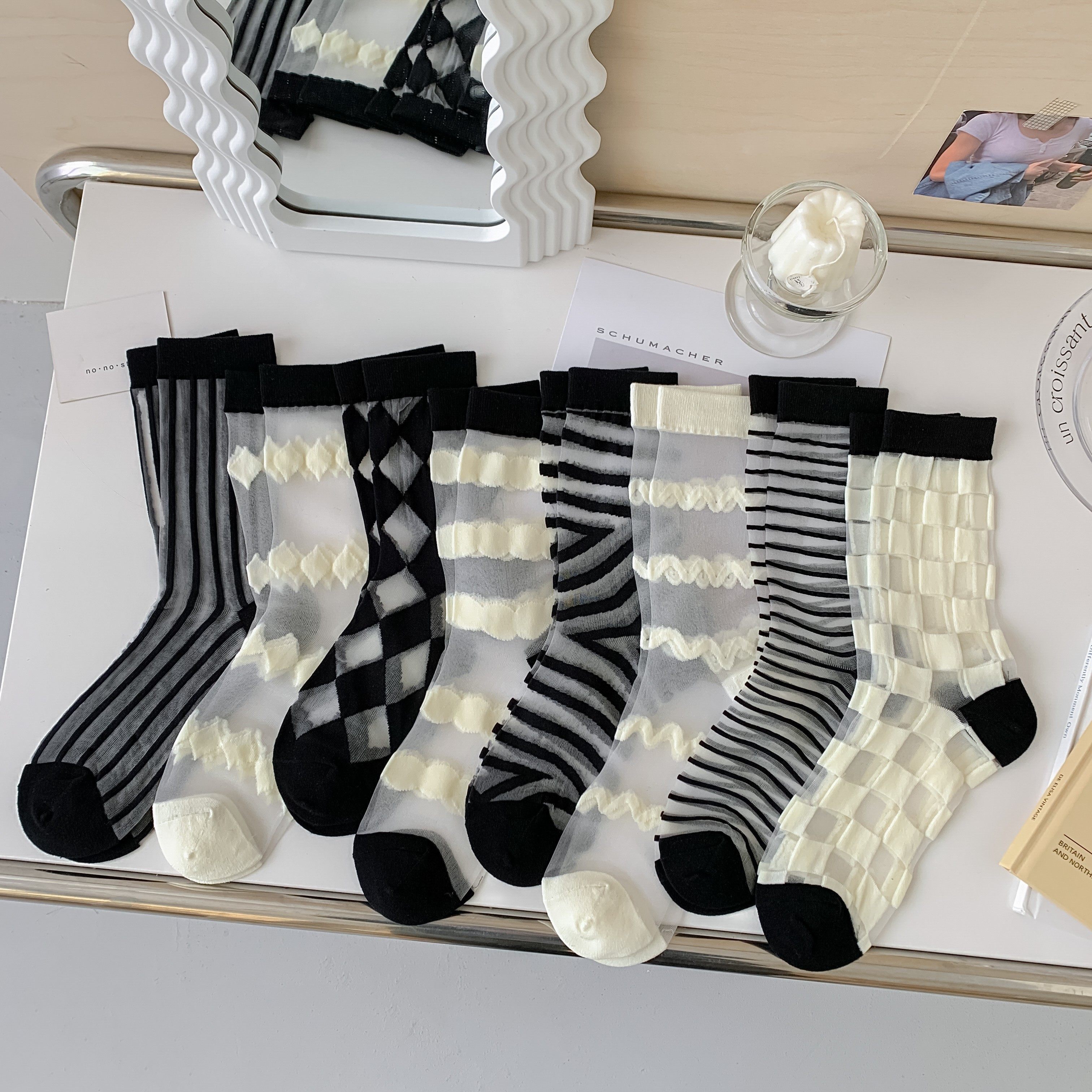 黑白透明玻璃丝女袜春夏超薄袜子女中筒袜波点爱心透气水晶丝长袜