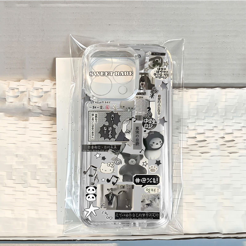 卡通涂鸦小公仔黑白适用15苹果14ProMax手机壳iPhone