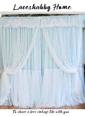 LACESHABBY新款法式复古洛可可风格清新蓝色蕾丝三层窗帘纱帘一体