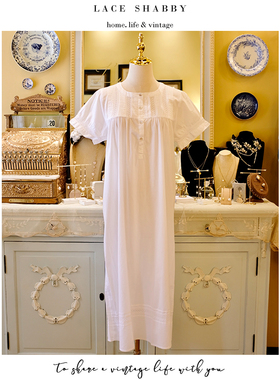 伊丝莎贝新款法式复古白色纯棉蕾丝vintage短袖睡衣睡裙家居服