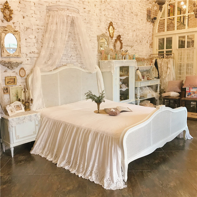 新款法式复古风格纯棉绣花蕾丝lace shabby原创荷叶边床品床裙