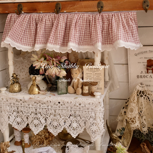 太可爱了 红色小格子棉麻荷叶边自粘帘头遮挡帘 LACESHABBY新款