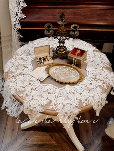 太重工了!LACESHABBY欧式复古轻奢白色刺绣珍珠蕾丝盖巾桌布桌旗