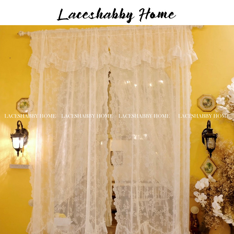 LACESHABBY新款法式浪漫复古白色碎花荷叶边卧室窗纱窗帘